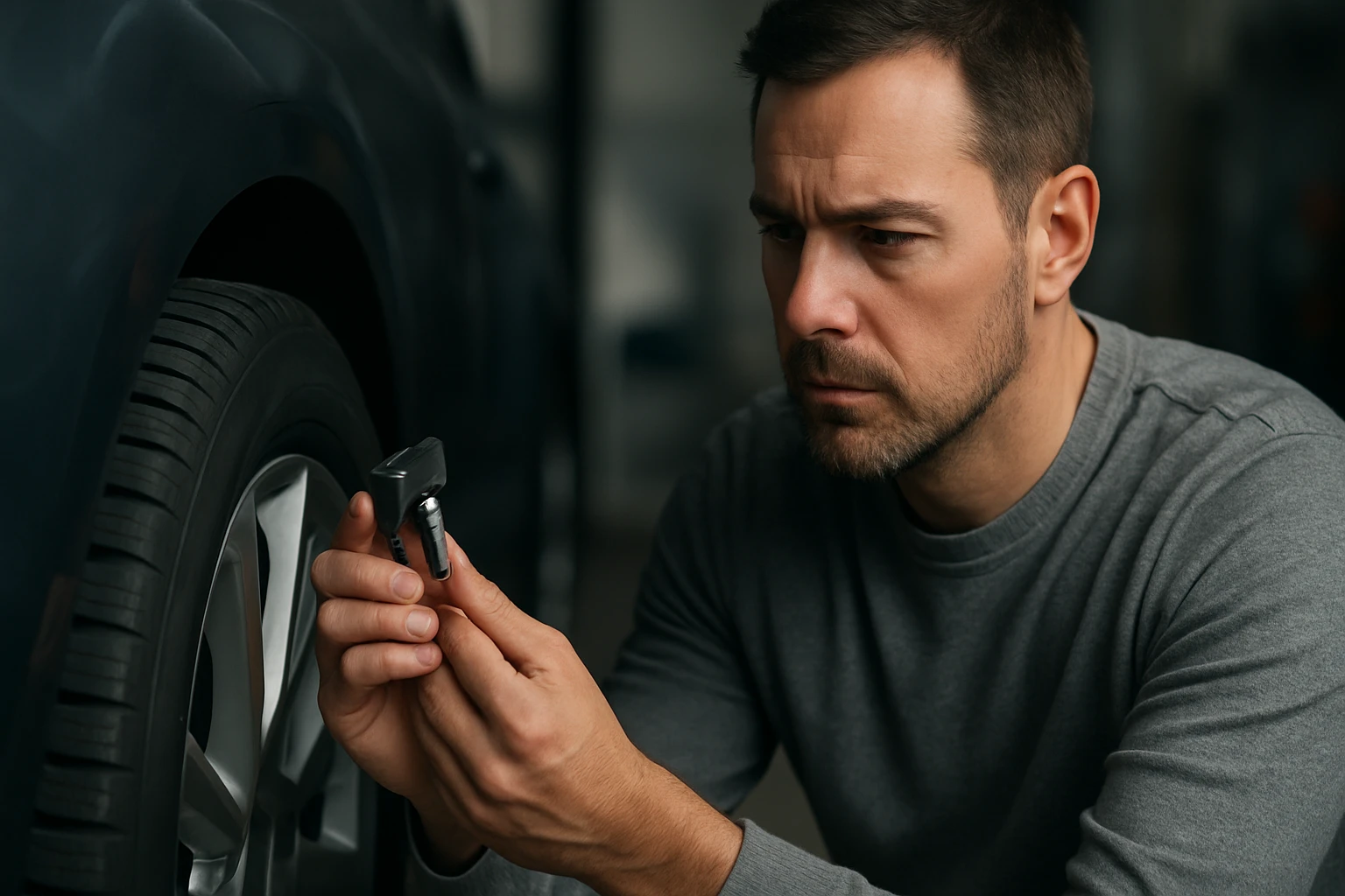 Muž kontroluje senzor tlaku pneumatiky pri aute