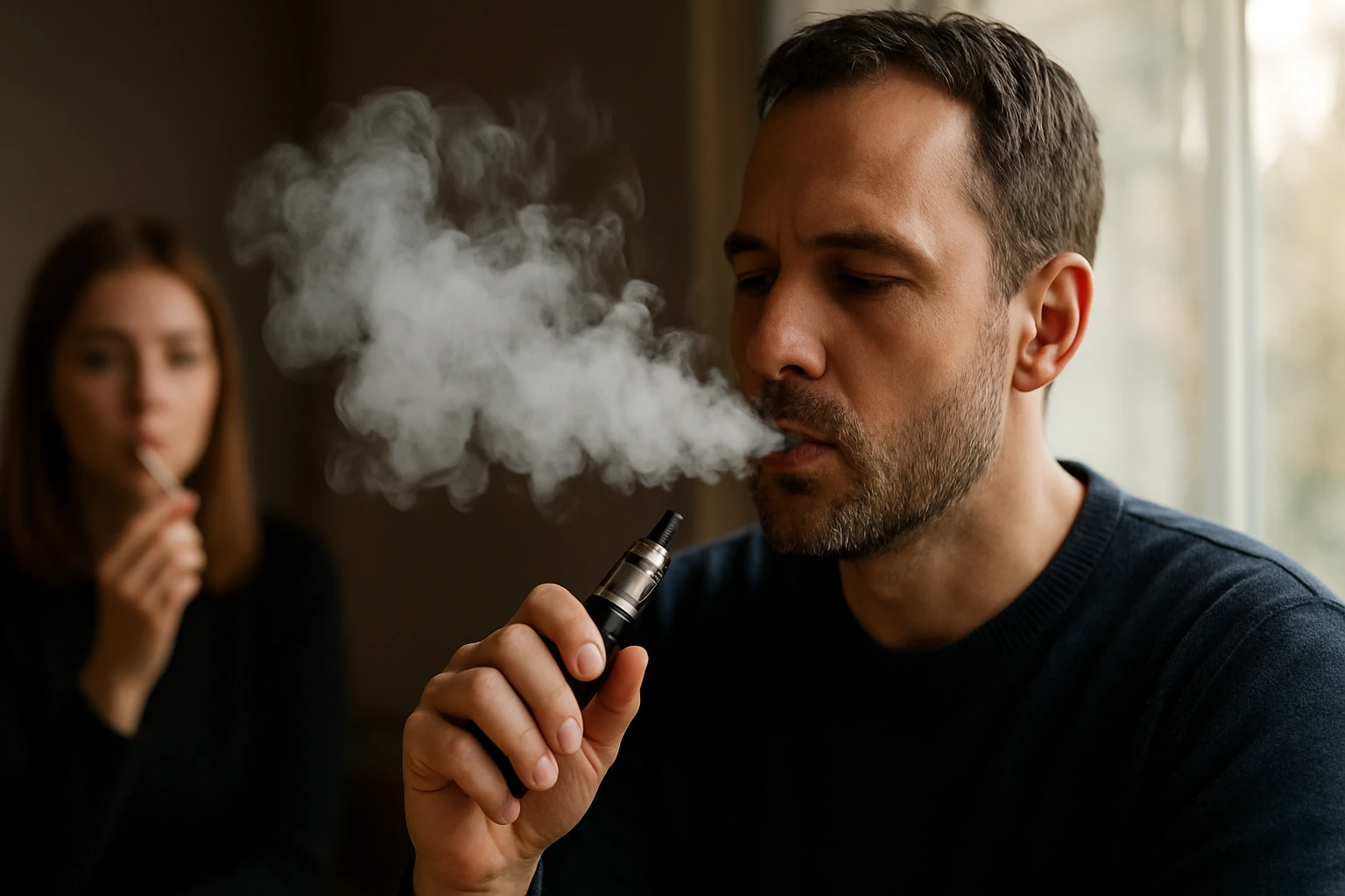 Muž fajčí e-cigaretu, zatiaľ čo žena v pozadí fajčí klasické cigarety.