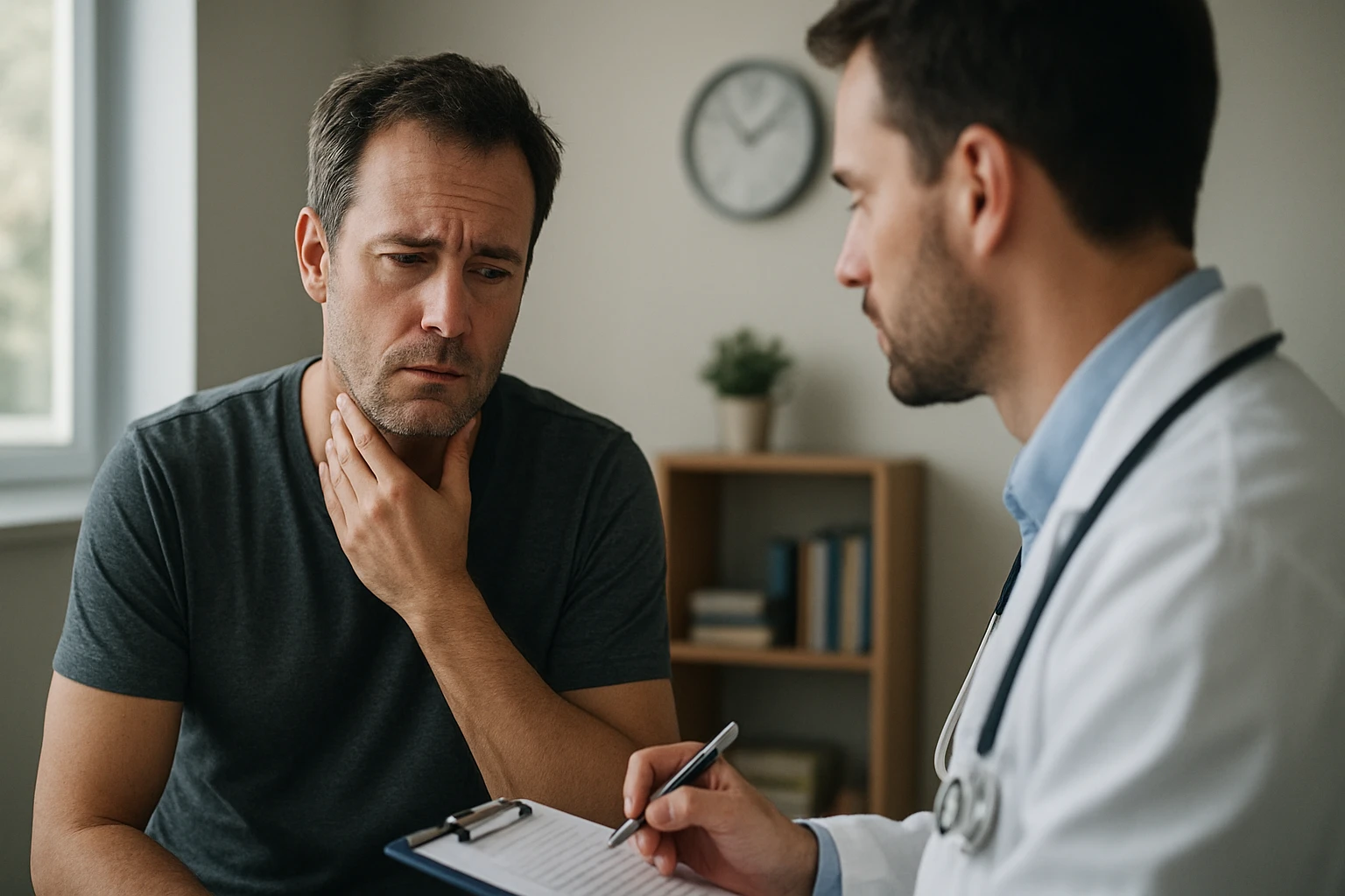 Muž na lekárskej prehliadke, diskutuje o príznakoch HPV