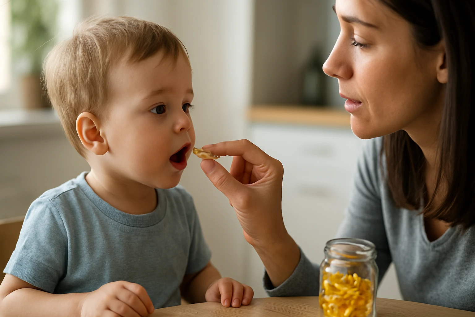 Matka podáva omega-3 doplnky svojmu malému dieťaťu.
