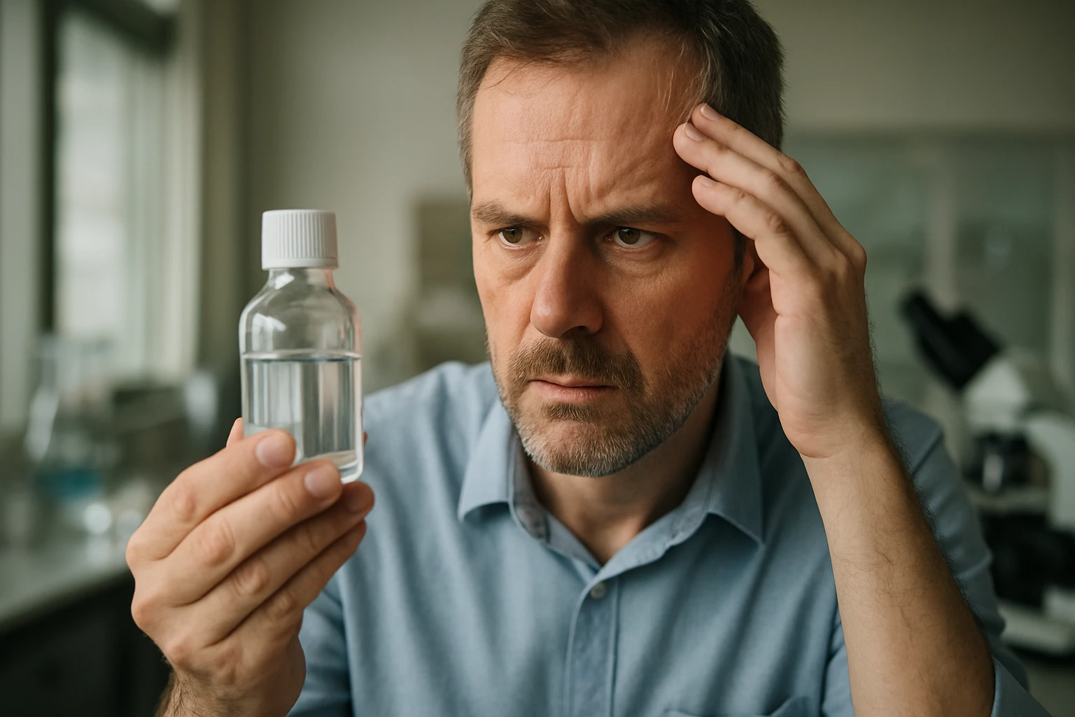 Muž skúma fľašu s propylénglykolom s obavami o bezpečnosť.
