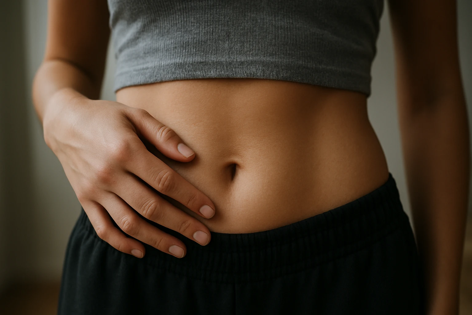 Žena sa dotýka pupka a skúma jeho zdravie