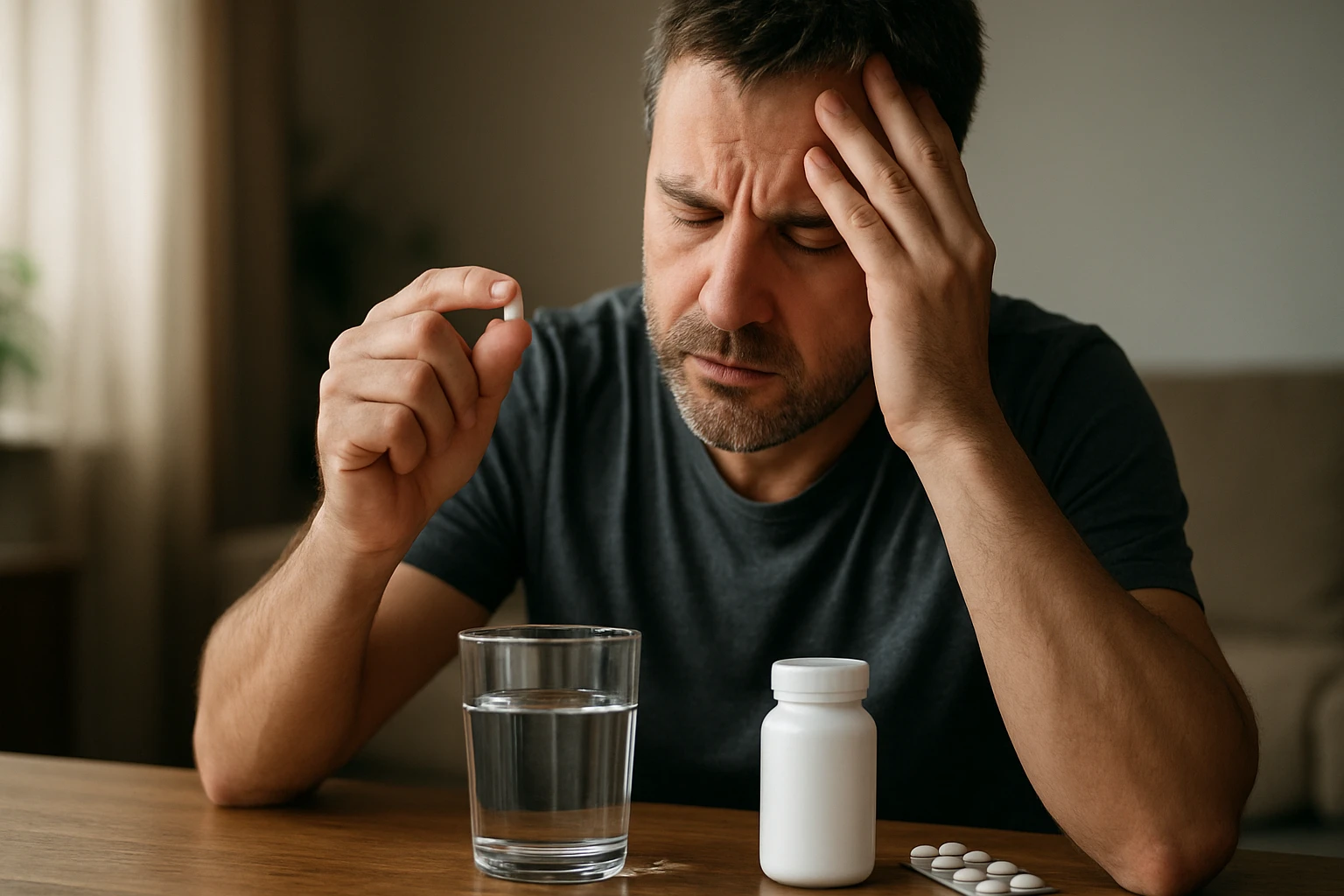 Muž berie liek teofylín s pohárom vody v ruke