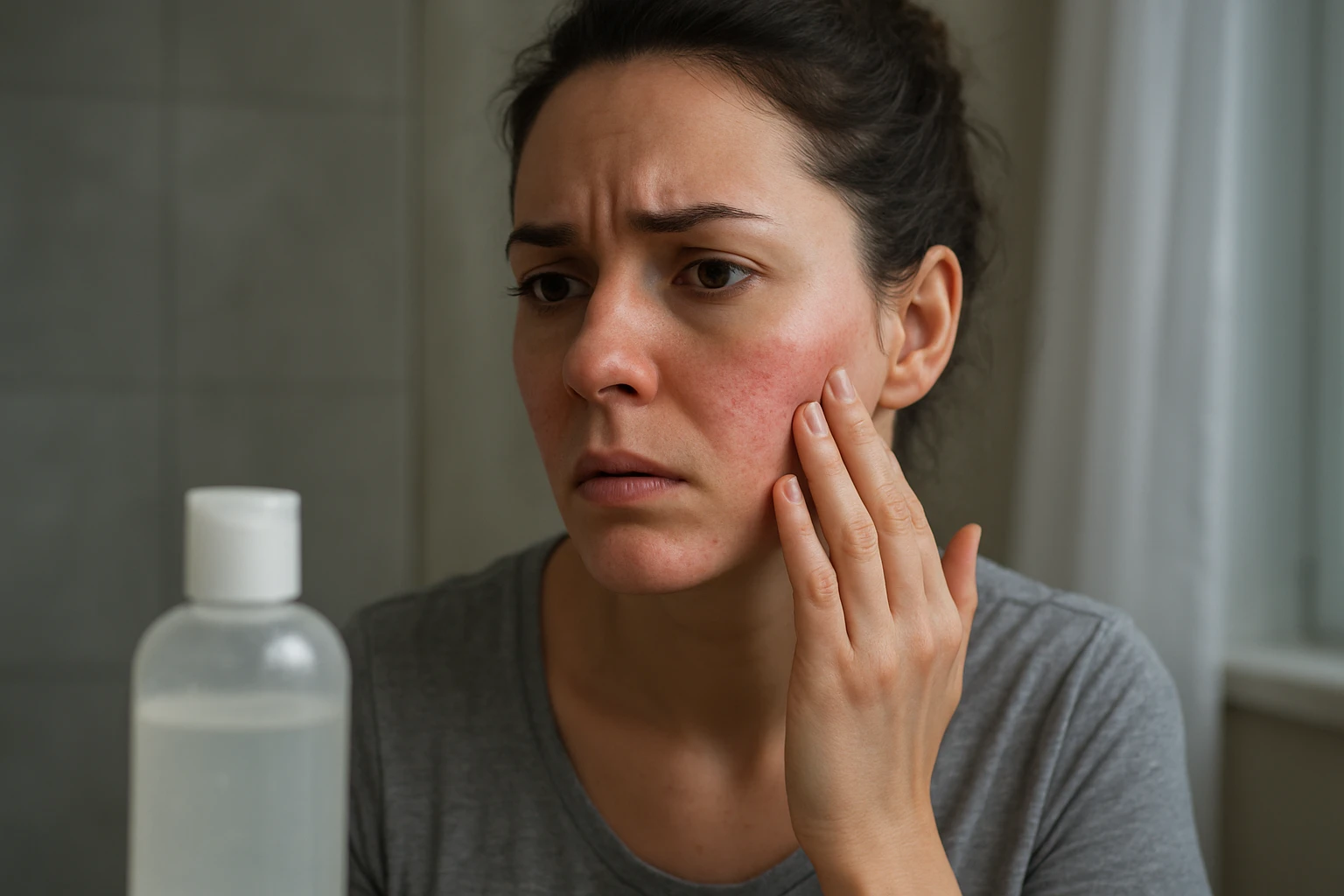 Žena s podráždenou pokožkou skúma vplyv laurylsíran sodného.