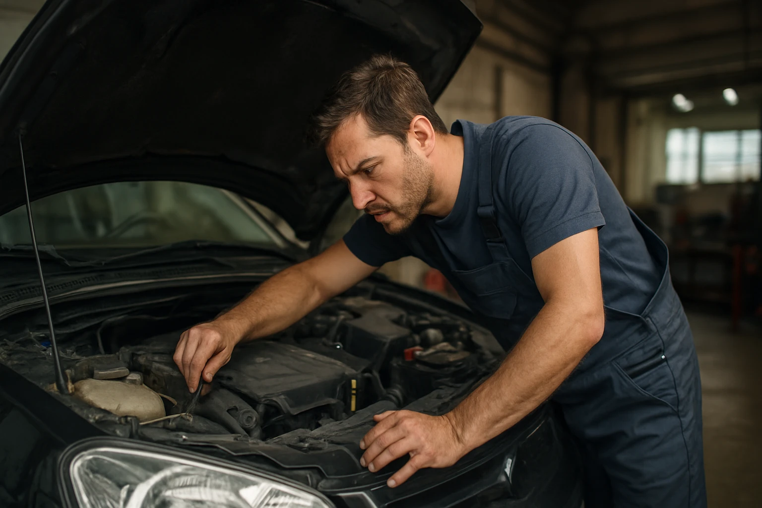 Mechanik kontroluje zámok kapoty vozidla