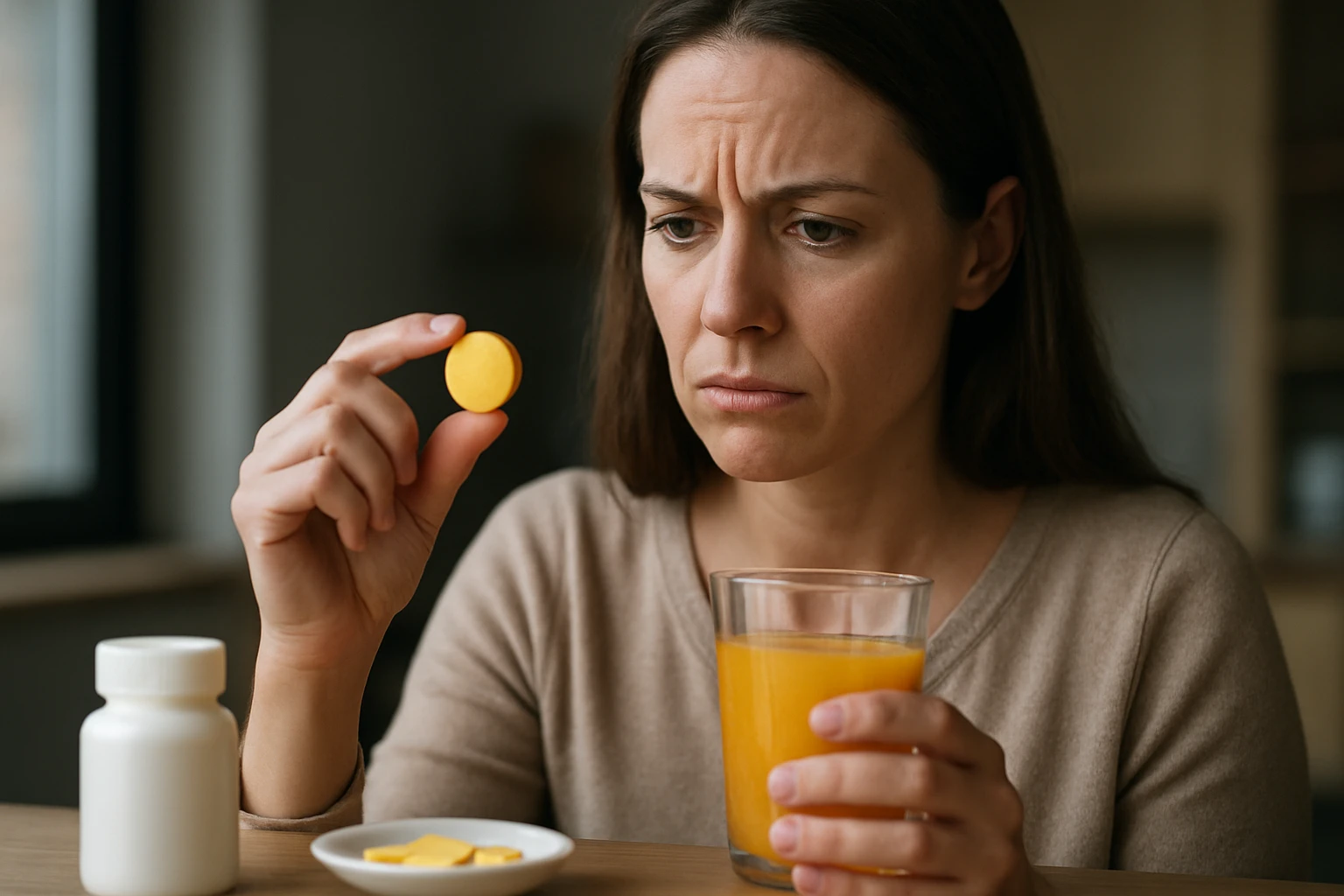 Žena uvažuje užívanie vitamínu C, znepokojená jeho účinkami.