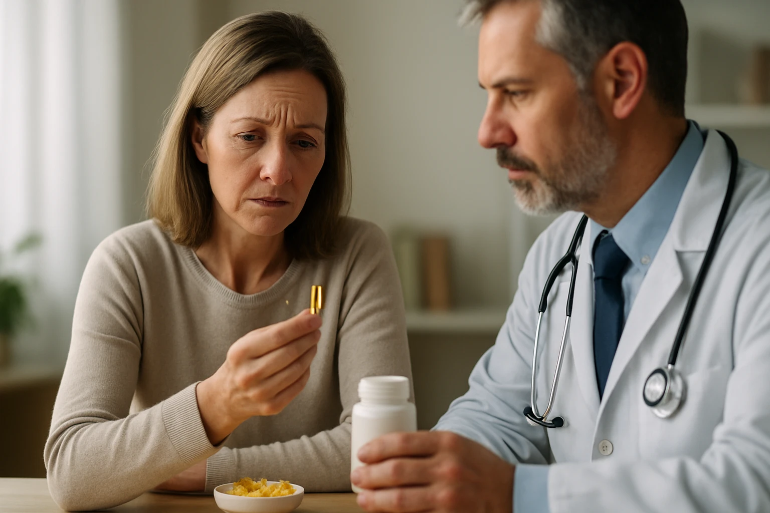 Žena znepokojená nad vitamínom D počas lekárskej konzultácie.