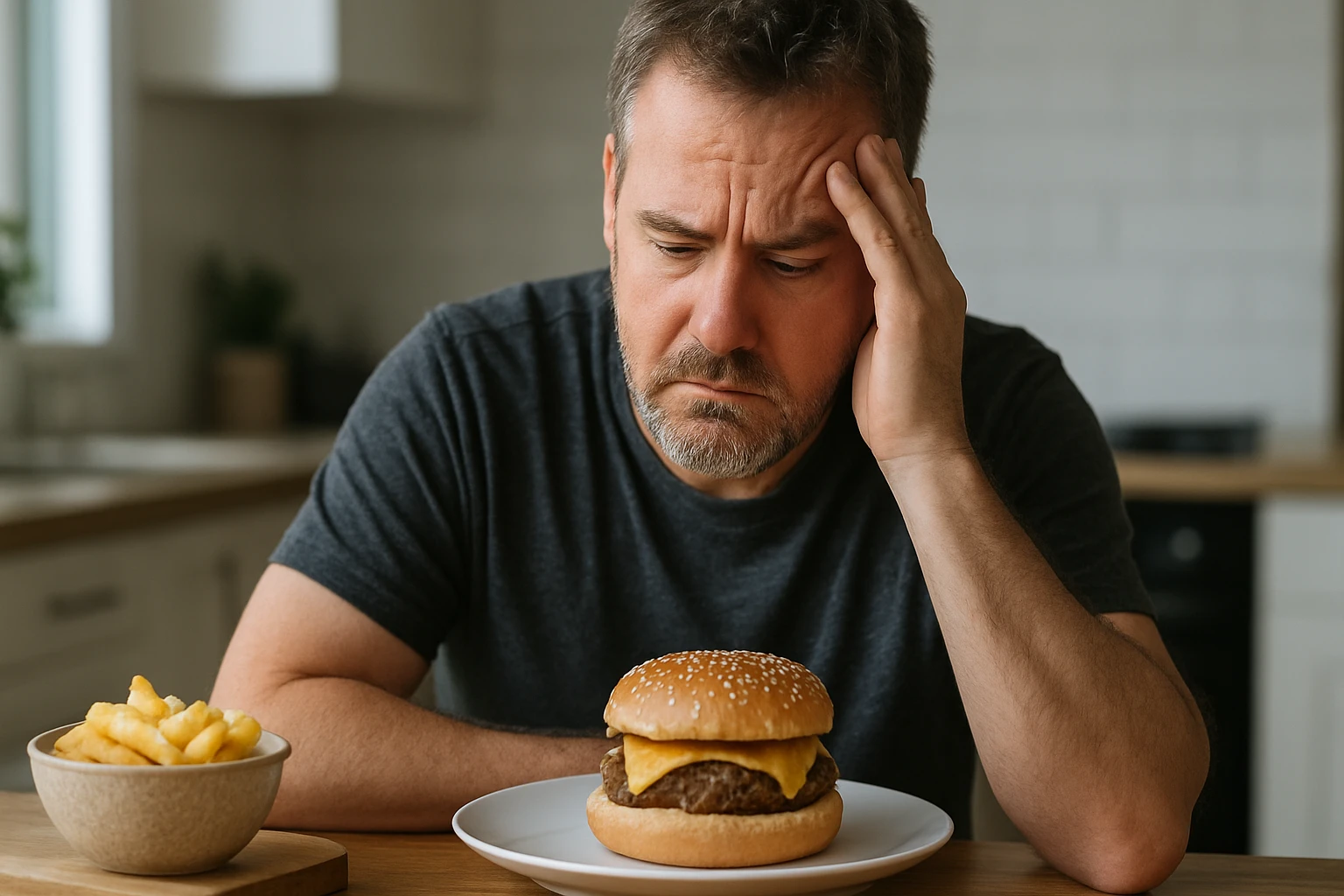 Muž s zamysleným výrazom hľadí na hamburger a hranolky, premýšľa o výžive.
