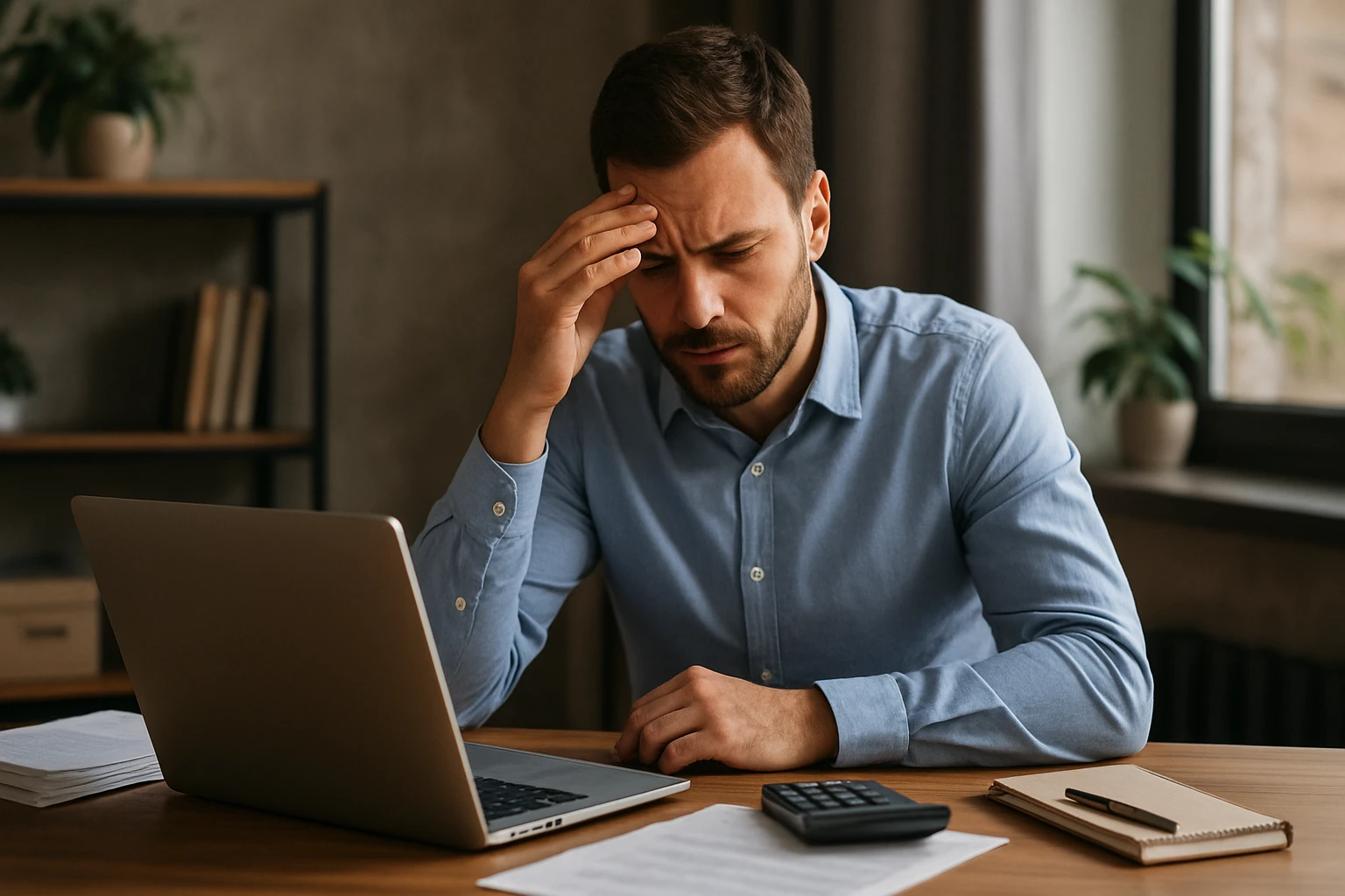 Muž za počítačom s úzkosťou o živnostenskom podnikaní