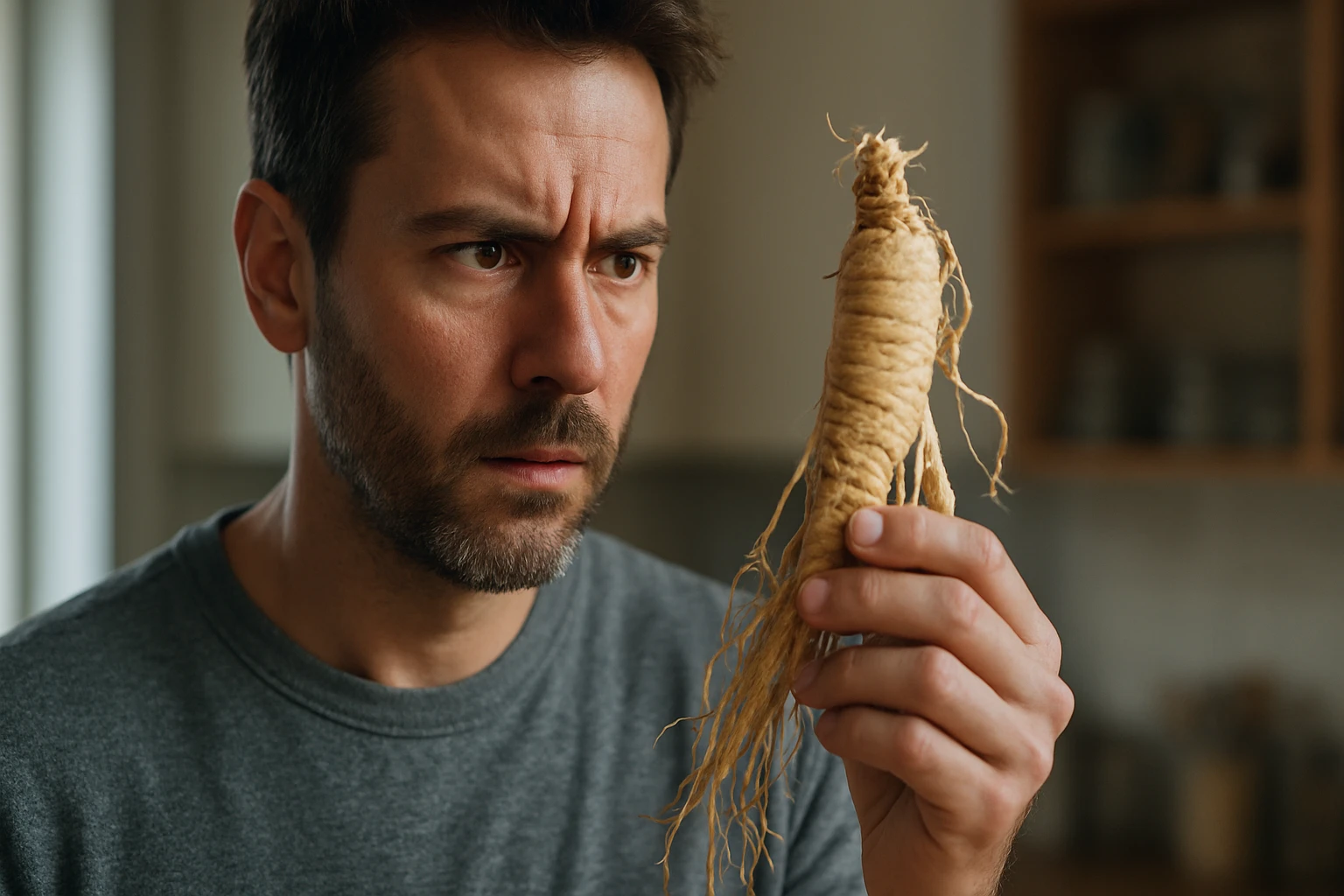 Muž skúma koreň Gentosu, prírodný prostriedok na podporu zdravia.