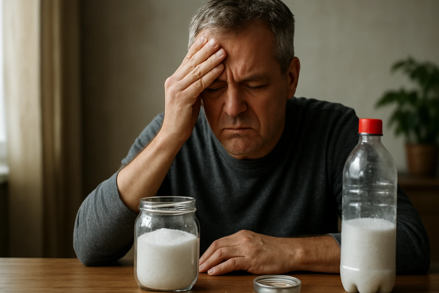 Muž si drží hlavu v náznaku bolesti a pozerá sa na soľ v sklenenom pohári.