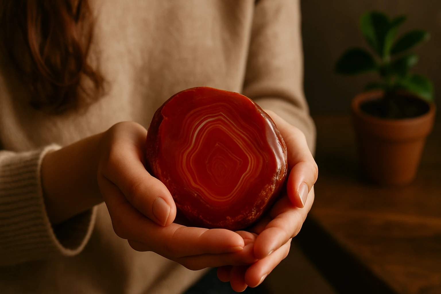 Osoba drží červený achát, ktorý symbolizuje energiu a vitalitu.