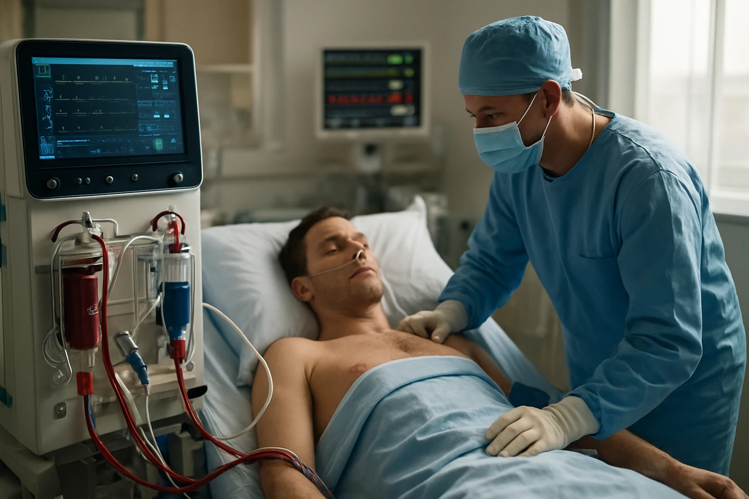 Lekár starostlivo monitoruje pacienta na ECMO prístroji.