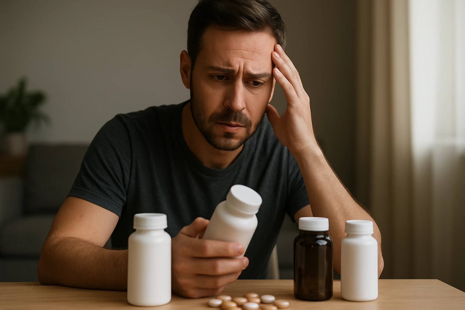 Muž skúma doplnky stravy s obavami o vedľajšie účinky.