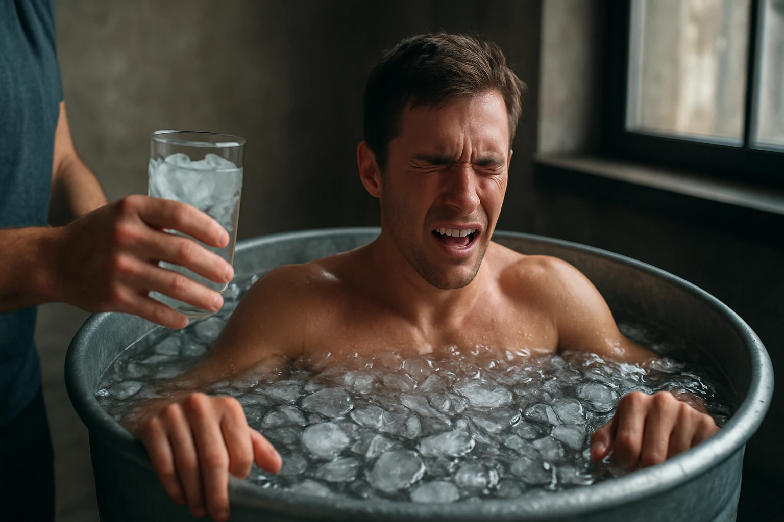 Muž v ľadovej vode s pohárom ľadu, prežíva nepohodlie.