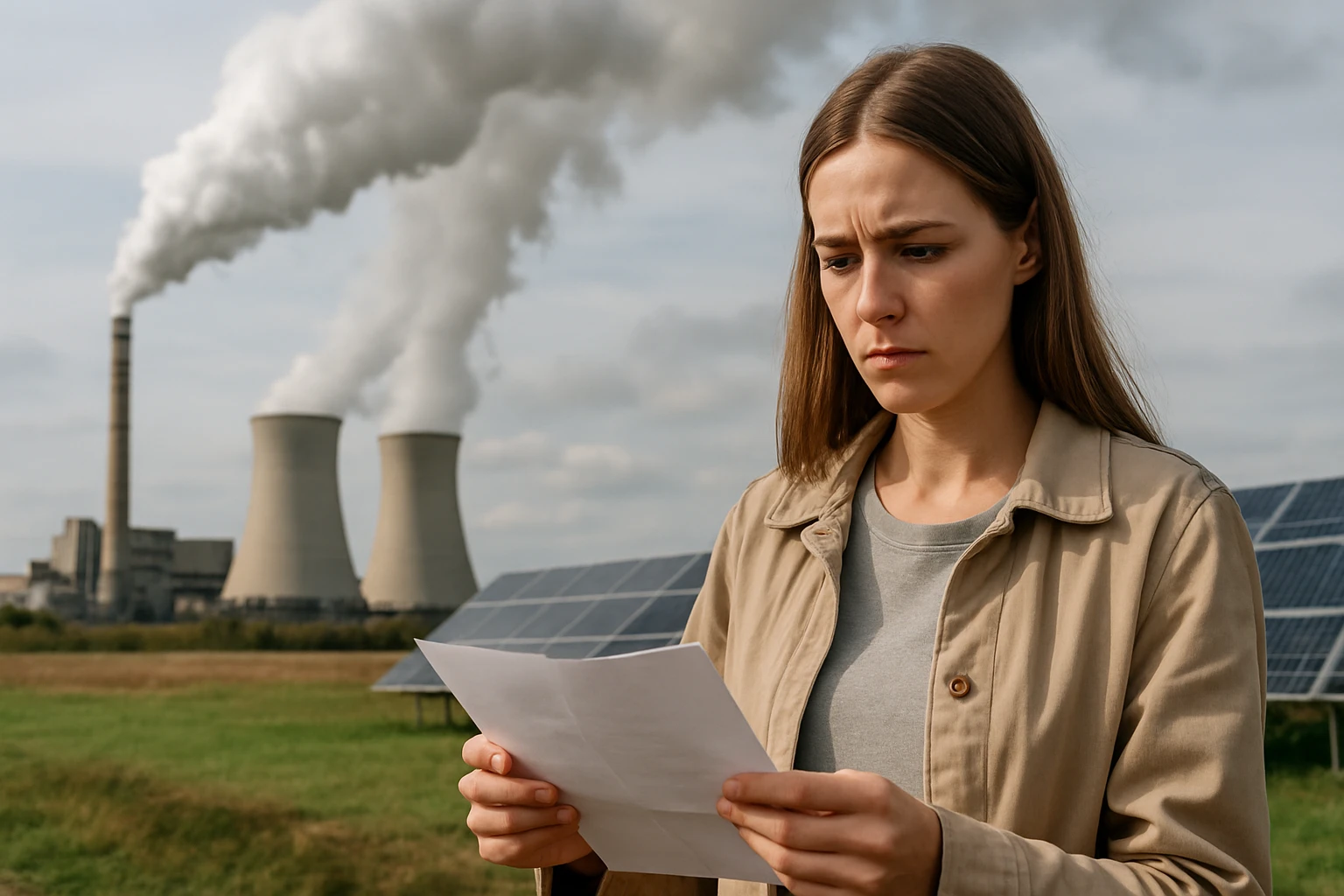 Žena s vážnym výrazom číta dokument pred elektrárňou a solárnymi panelmi.