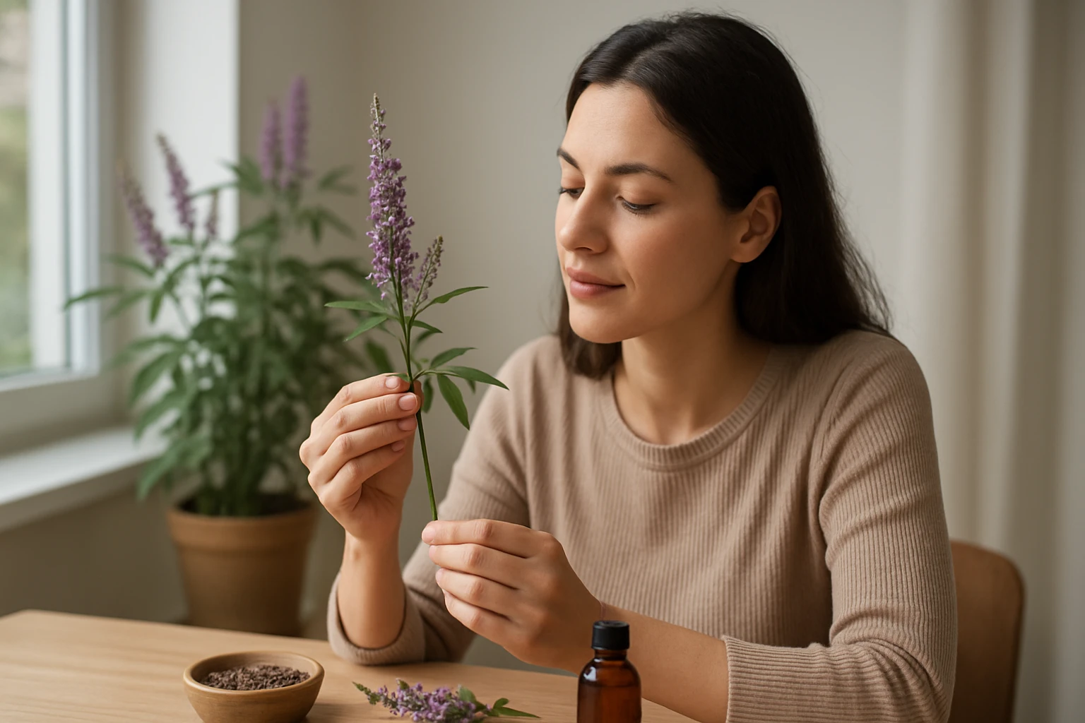 Žena skúma rastlinu barátcserje (Vitex agnus-castus) so záujmom.
