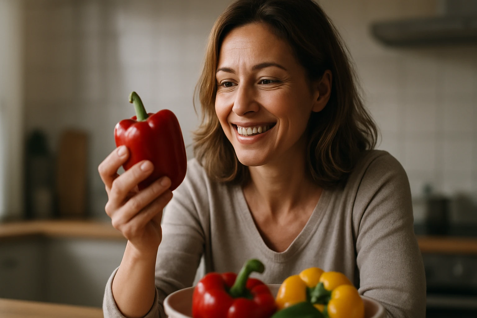 Žena sa usmieva, drží červenú papriku v kuchyni