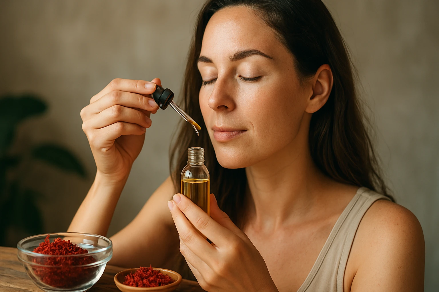 Žena aplikuje šafránový olej na pleť pre zdravie a krásu.