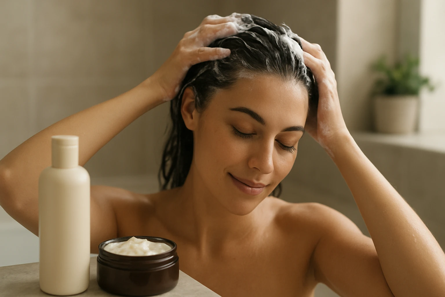 Žena si umýva vlasy šampónom s bambuckým maslom.