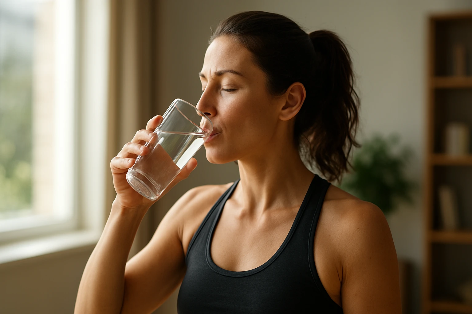 Žena pije vodu z pohára v interiéri, symbolizujúca hydratáciu a zdravie.
