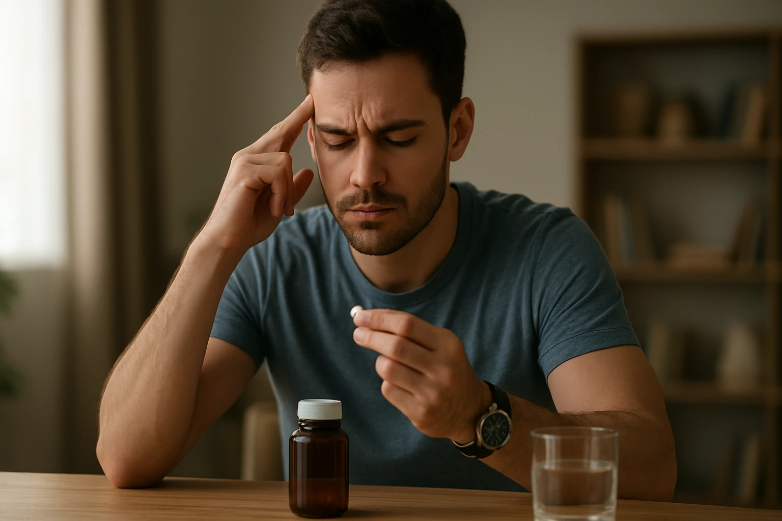 Muž zvažuje užitie Alpha GPC nootropika pre zlepšenie koncentrácie.