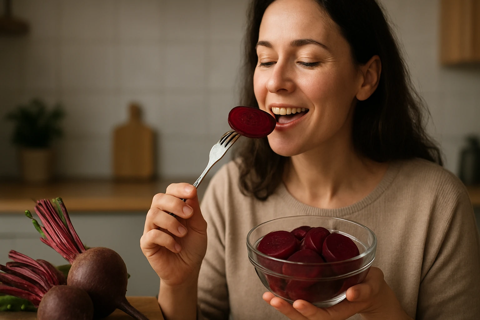 Žena si vychutnáva červenú repu s vidlicou v kuchyni.