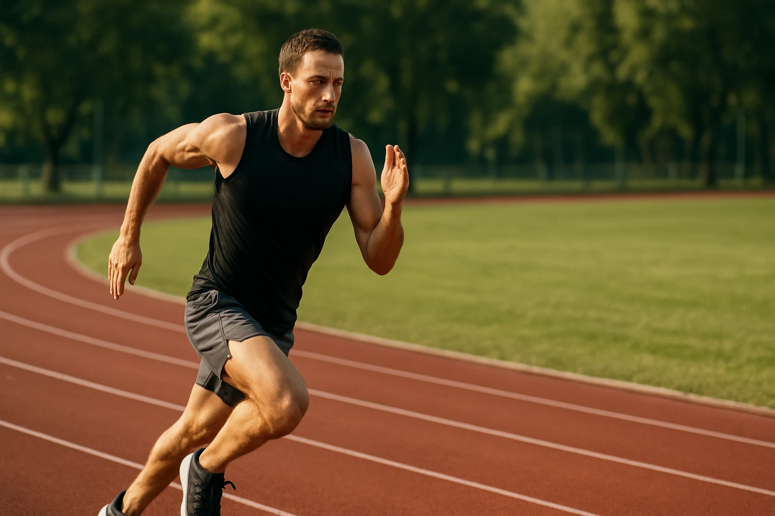 Muž bežiaci na bežeckej dráhe počas intervalového tréningu.