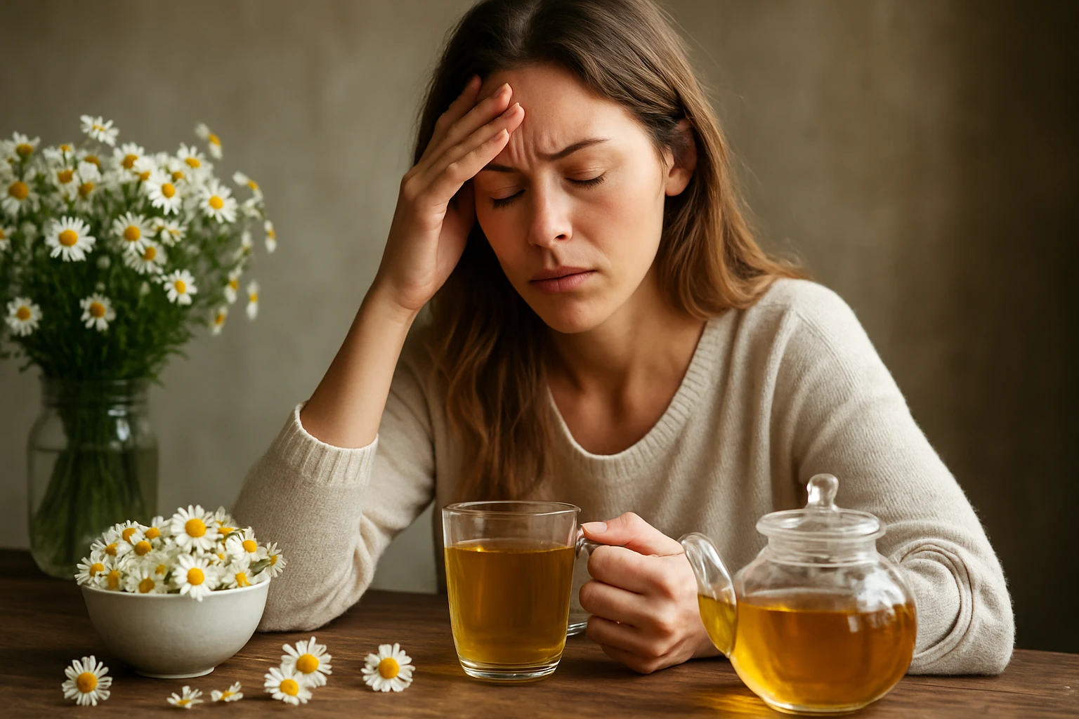 Žena si vychutnáva harmančekový čaj, načerpaná energiu po stresovom dni.