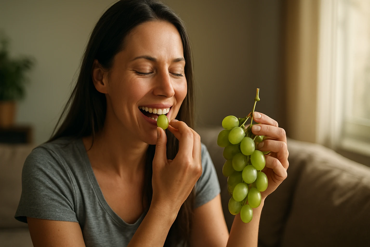 Žena sa usmieva a vychutnáva si hrozno doma na pohovke.