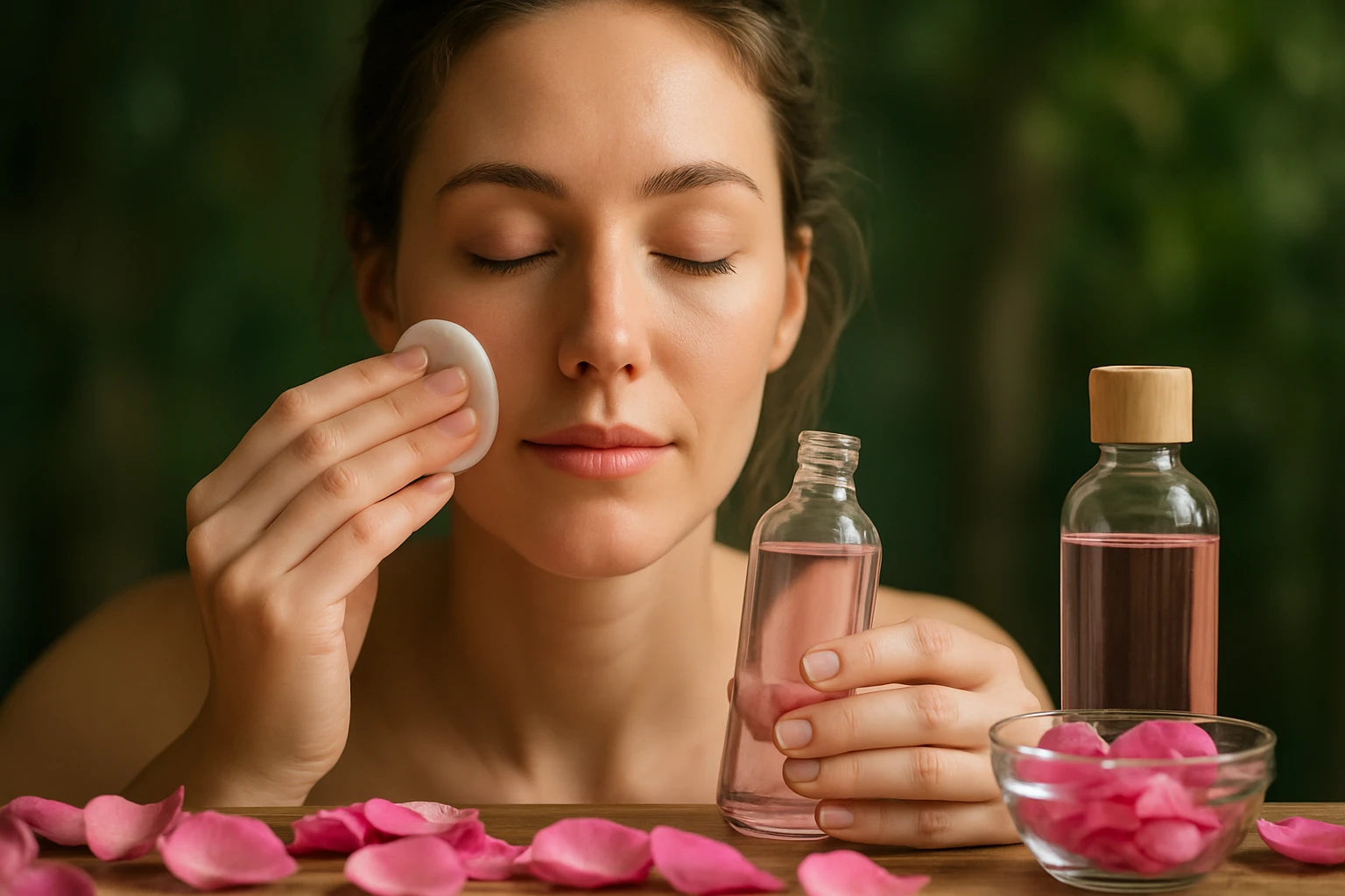 Žena používa ružovú vodu na starostlivosť o pleť s ružovými okvetnými lístkami.