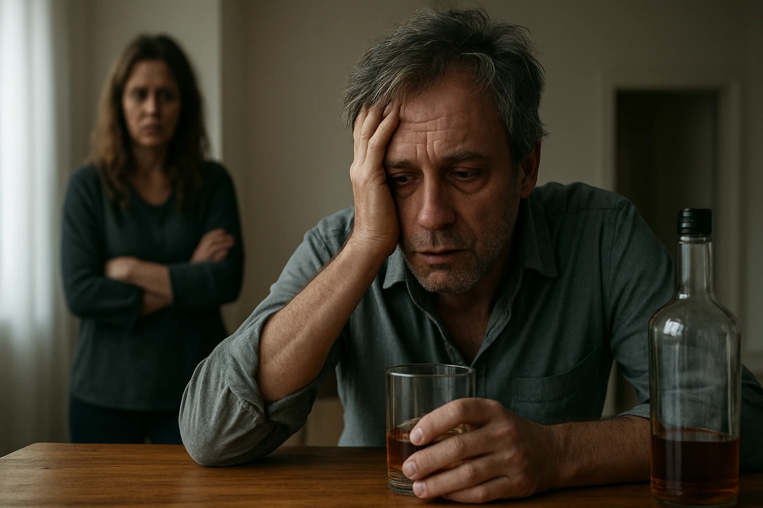 Muž trpiaci alkoholizmom s pohárom v ruke a zarmútenou partnerkou v pozadí.