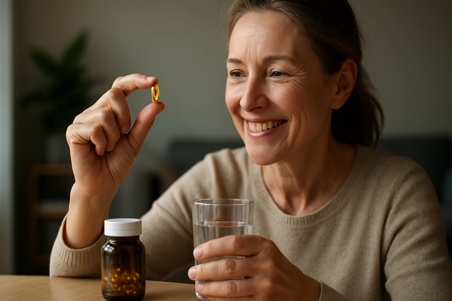 Žena s omega-3 kapsulou a pohárom vody, usmievajúca sa