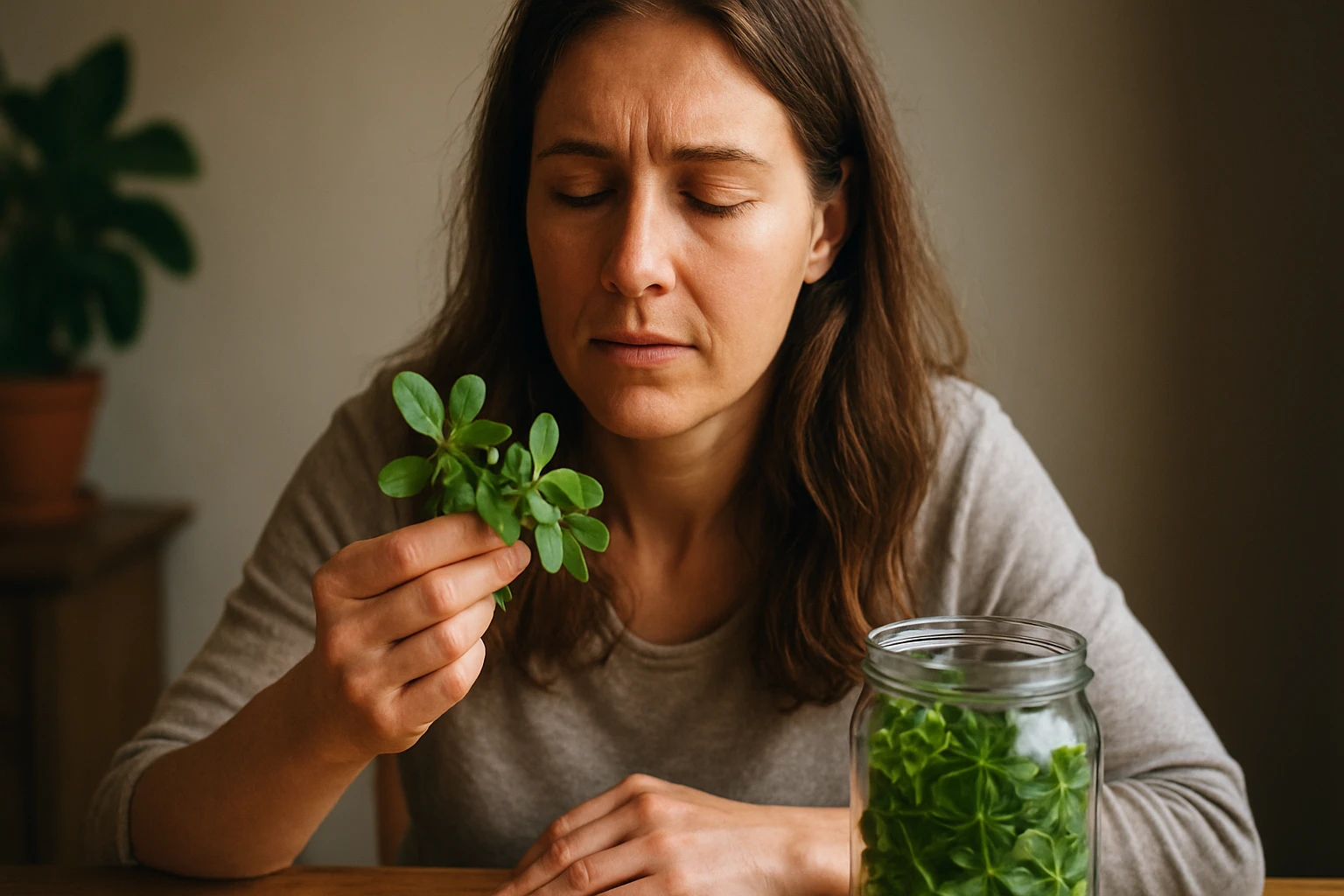 Žena skúma čerstvú portulaku s pohárom plným listov