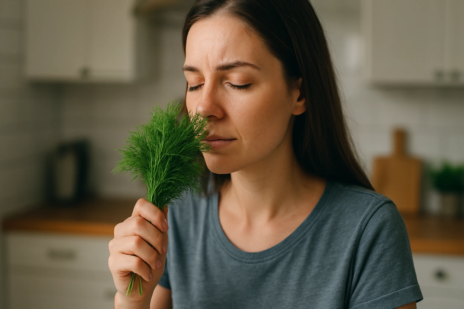 Žena cíti vôňu čerstvého kôpru v kuchyni.