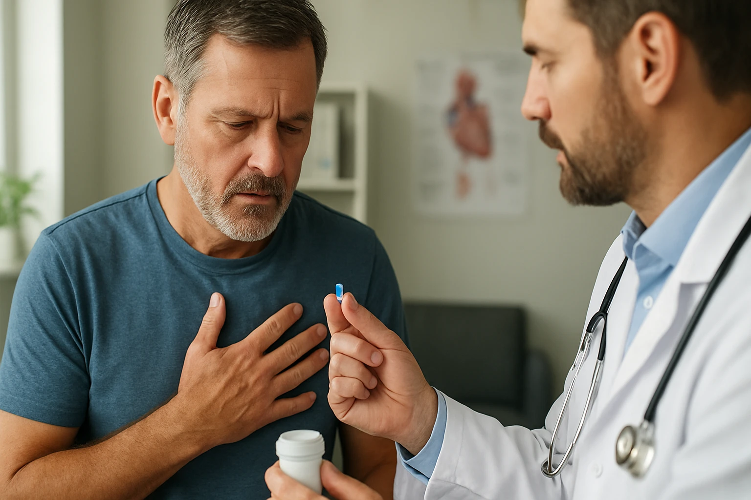 Lekár podáva pacientovi tabletku na liečbu kardiovaskulárnych ochorení.