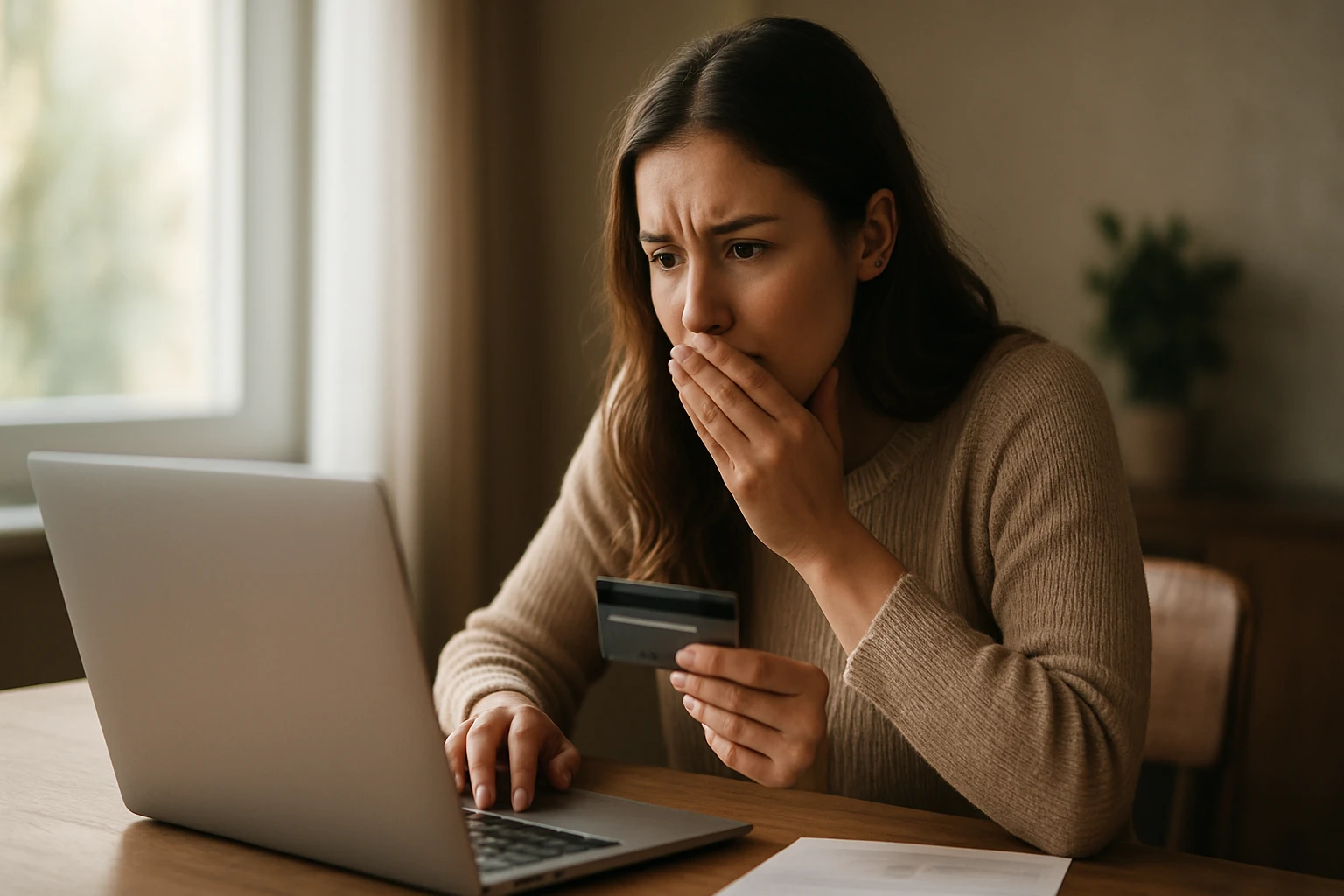 Žena znepokojená pri online nákupe s kreditnou kartou