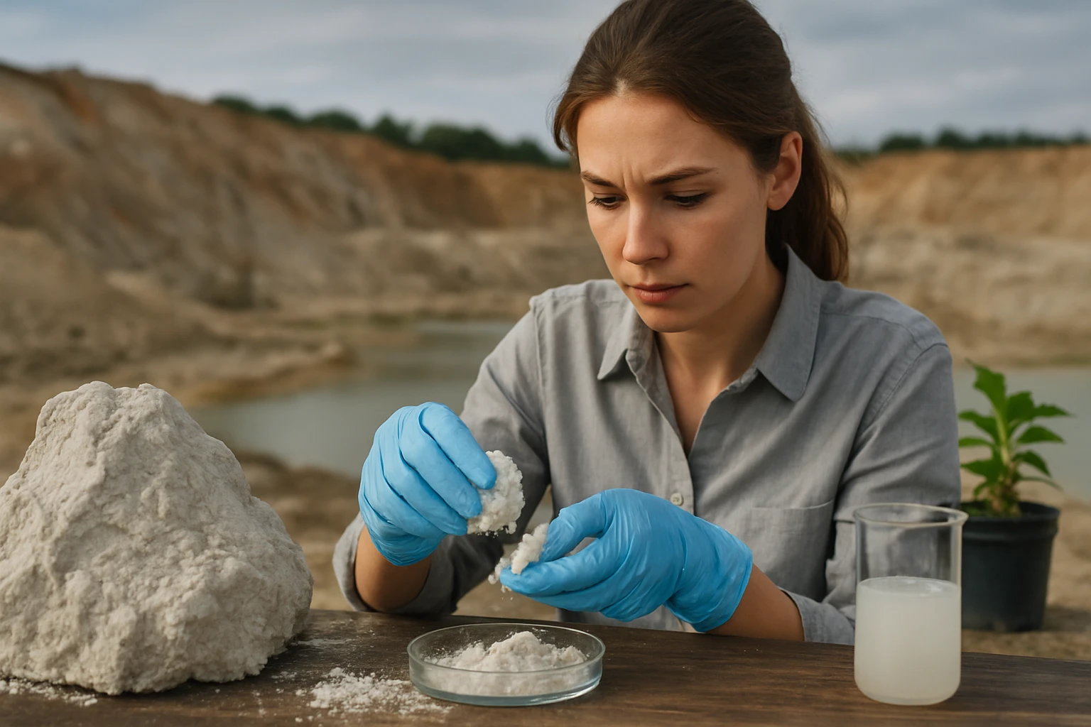 Žena skúma kaolín v prírodnej lokalite s rastlinou v pozadí