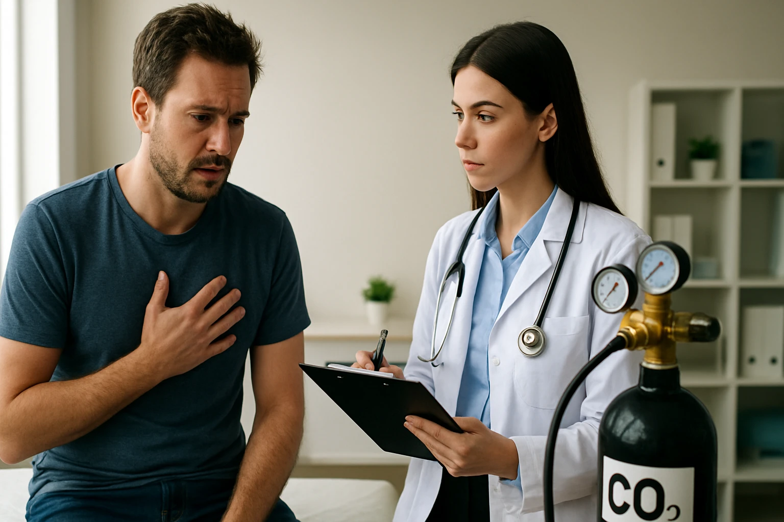 Lekárka vyšetruje muža so slabosťou dýchania počas konzultácie.