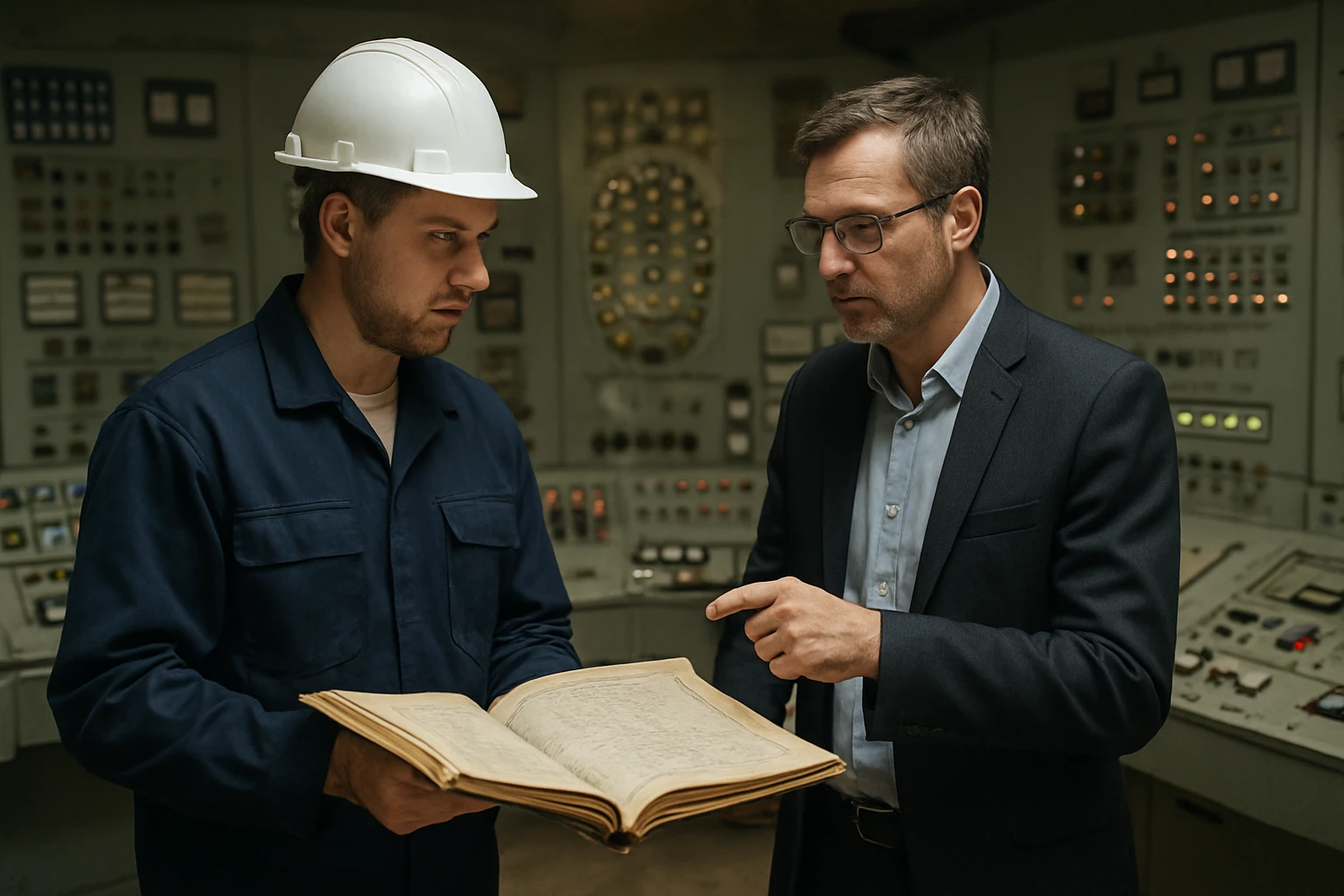 Inžinieri diskutujú o dokumentoch reaktora RBMK v ovládacej miestnosti.