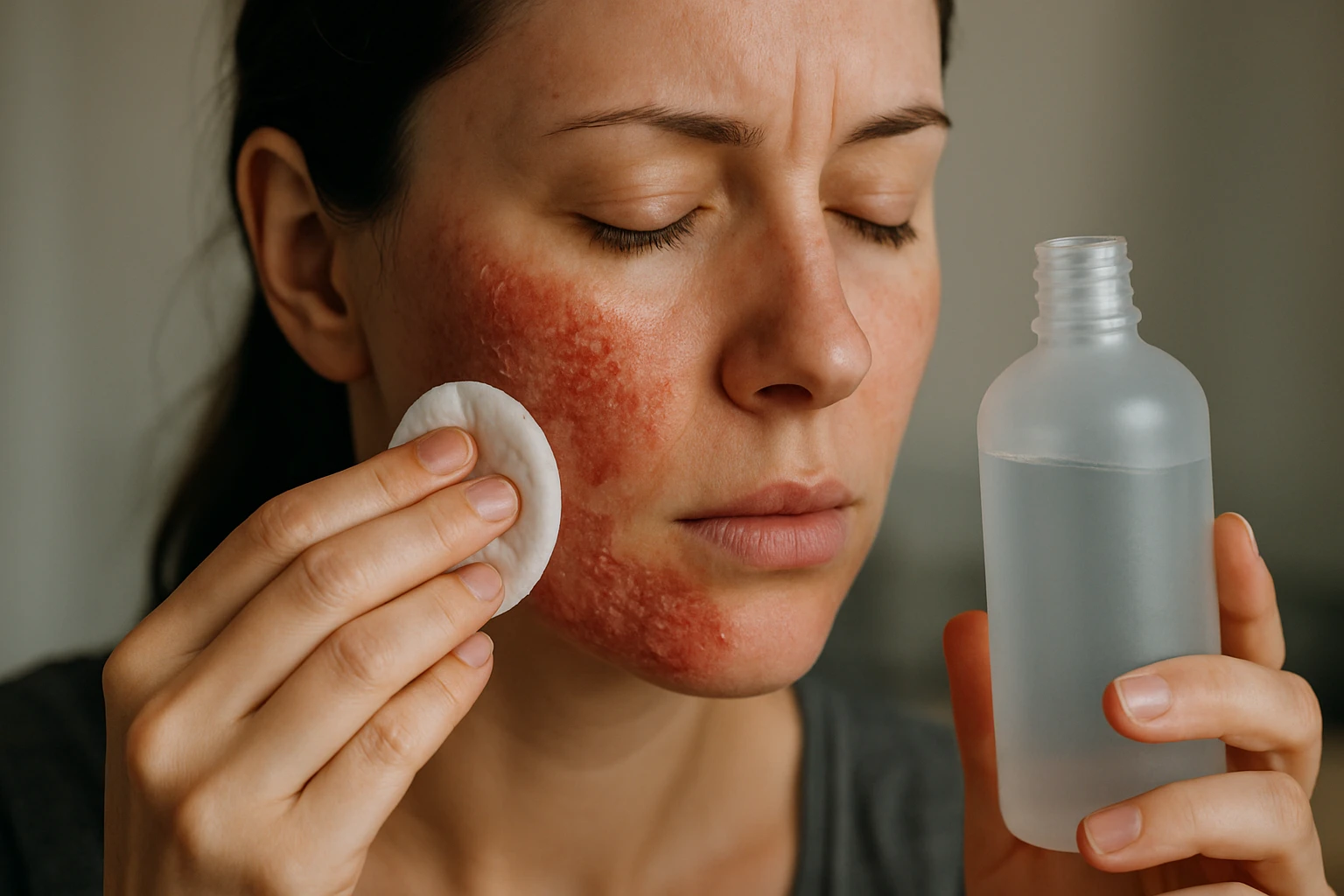 Žena s podráždenou pokožkou tváre aplikuje čistiaci prostriedok.