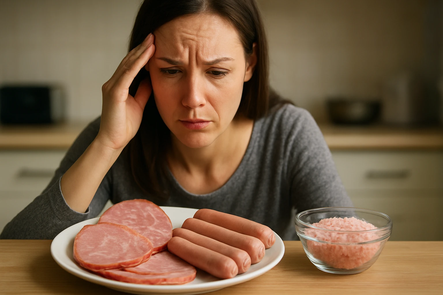 Žena uvažujúca vplyv nitritových solí v údeninách na zdravie.