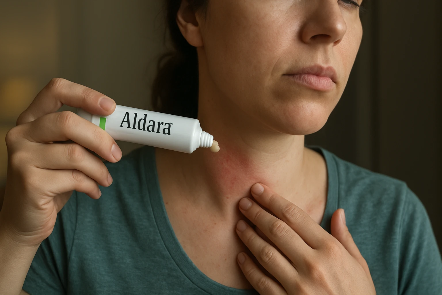 Žena aplikuje Aldara krém na podráždenú pokožku na krku.