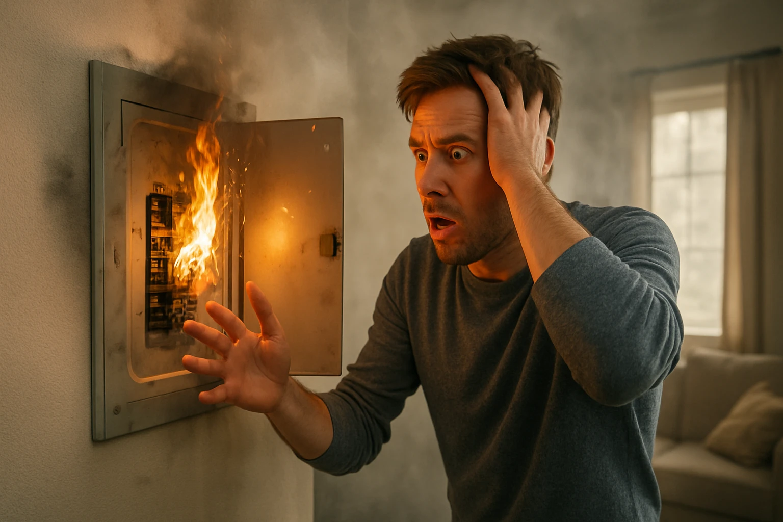 Muž prekvapený pred horiacim elektrickým ističom v domácnosti.