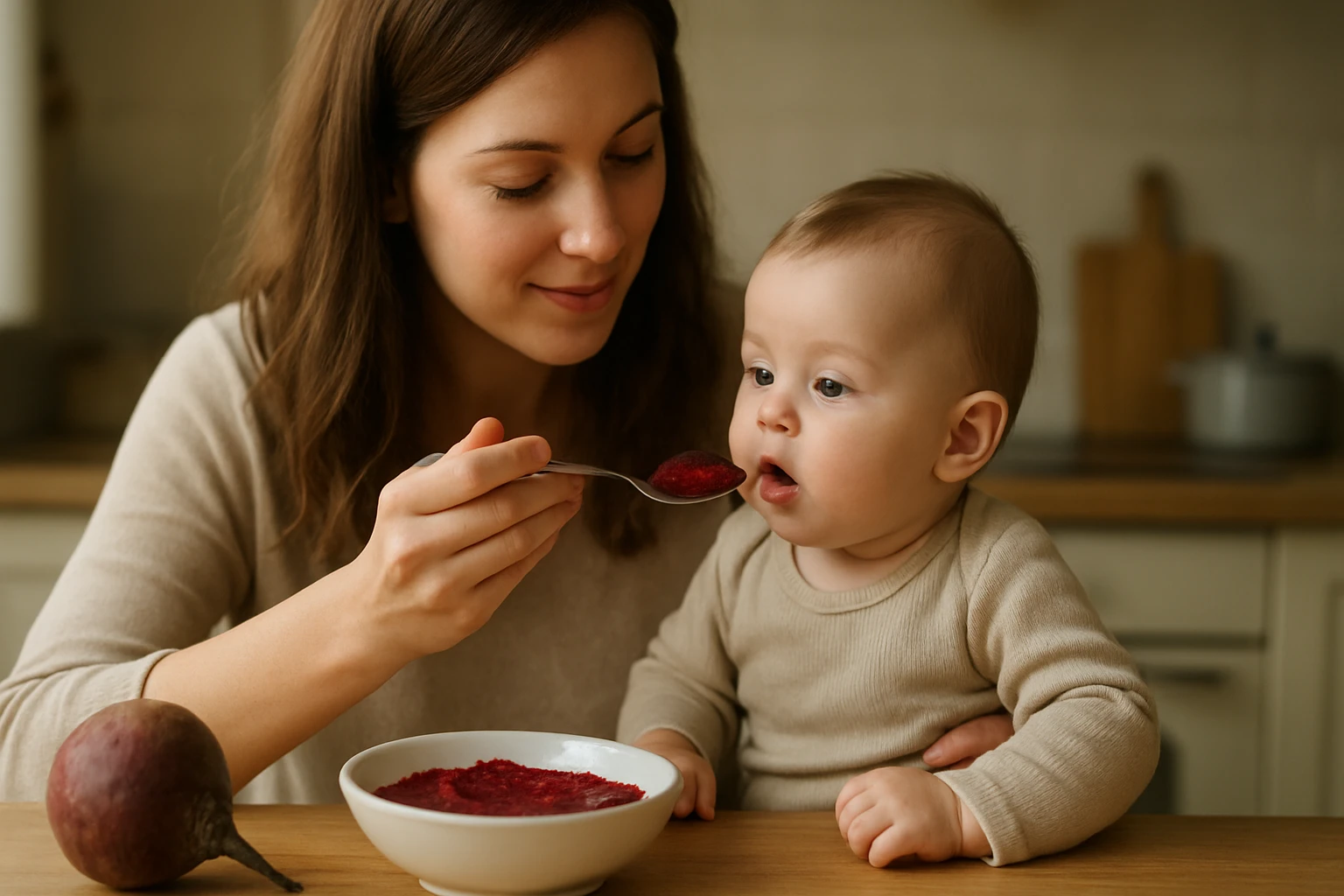 Matka podáva červenú repu svojmu bábätku pri zavádzaní príkrmov.