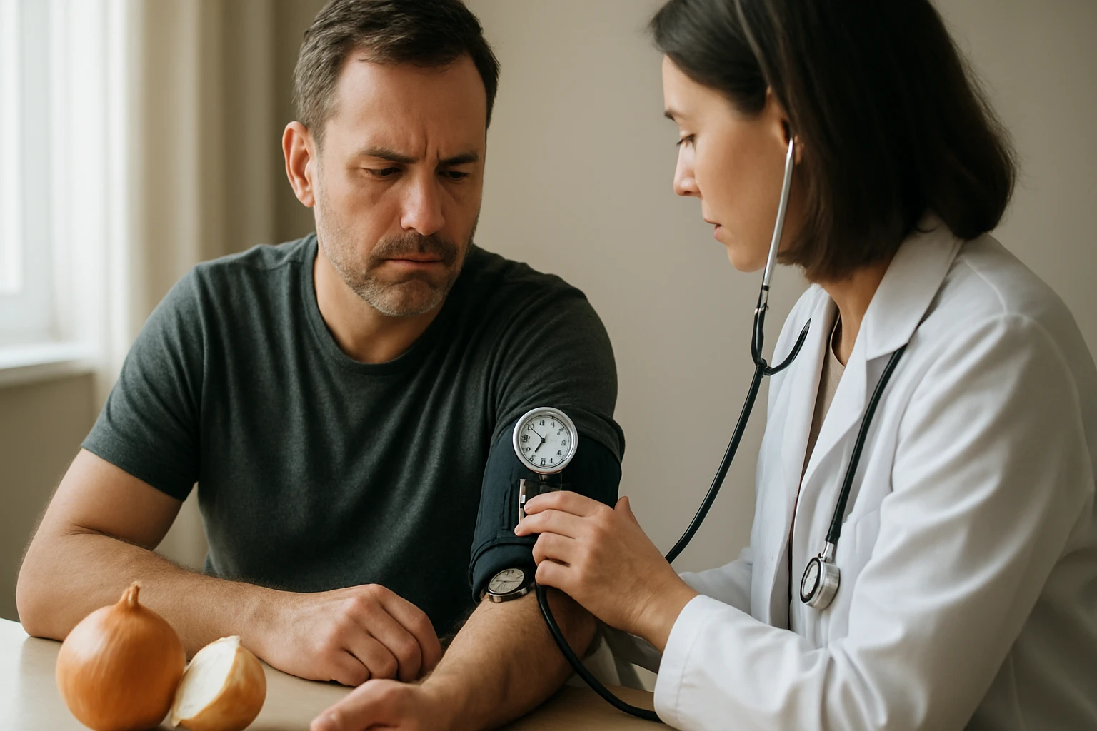 Lekár meria krvný tlak muža, vedľa sú cibule.