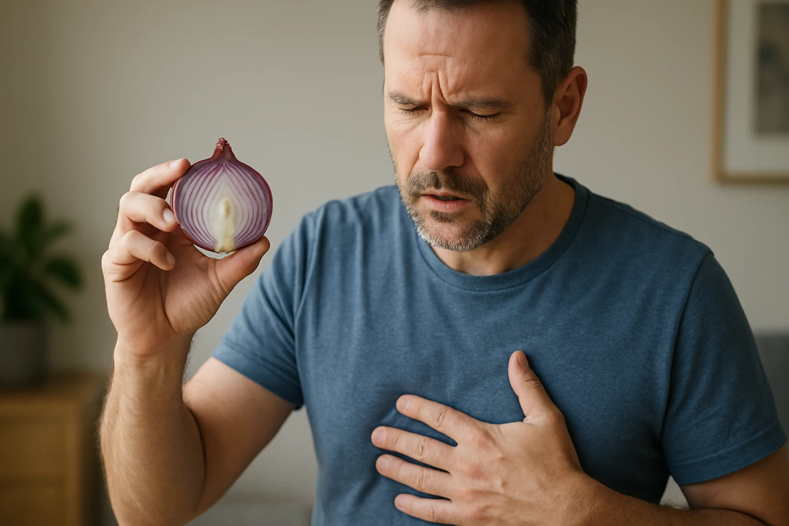 Muži s cibuľou v ruke, uvažuje o prínosoch cibule pre zdravie pečene.