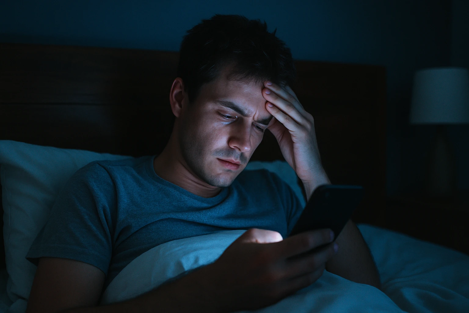 Mladý muž sa pozerá na svoj telefón v noci, ovplyvnený modrým svetlom