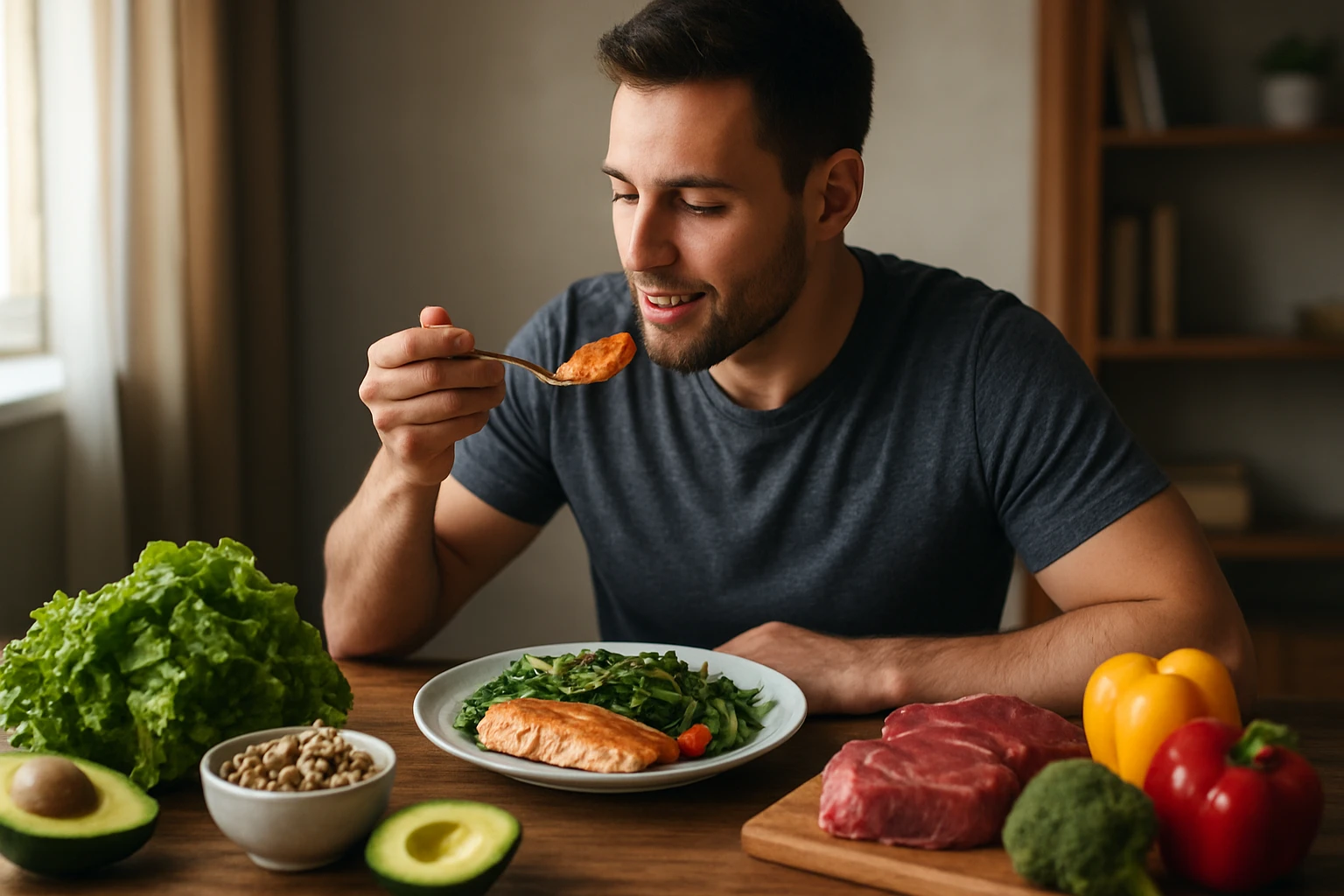 Muž vychutnáva si paleo diétne jedlo s rybou a zeleninou.