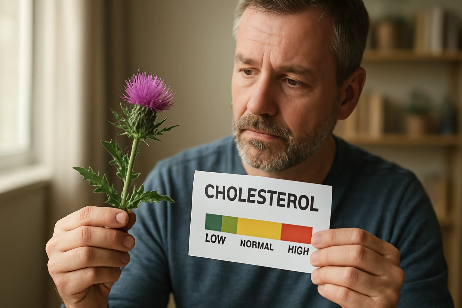 Muž skúma pestrec mariánsky a hladinu cholesterolu na tabuľke.